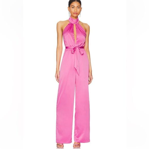 NWT More To Come Janece Keyhole Jumpsuit in Pink halter wide leg toe Revolve XL - Picture 1 of 13